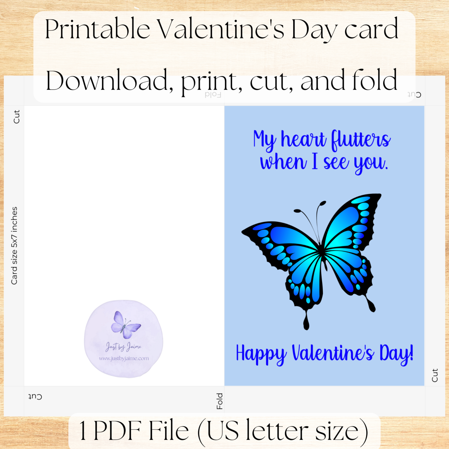 Printable butterfly Valentine’s Day card-instant download-5x7inch-blank ...
