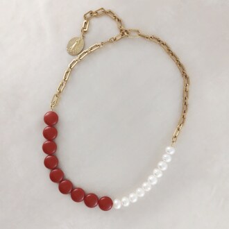 Garden Path Rosaries, Red Coral and Pearl Half and Half Beaded Chain Necklace