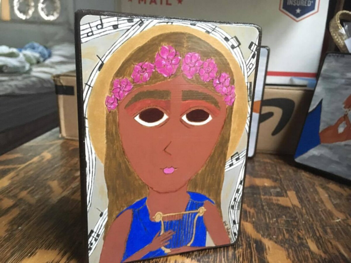 4 X 6 ish Saint Cecelia Byzantine folk icon print on wood | Peter’s Square