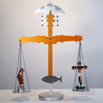Debt Pendulum - Balance Scale with Resin Statue of Jesus Christ and Mary Magdalene