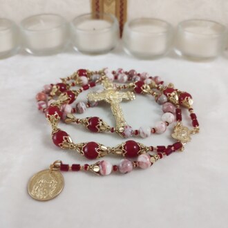 Gemstone Holy Face Chaplet with Suffragia, Rare Peruvian Red Thulite, Carnelian and Polished Brass