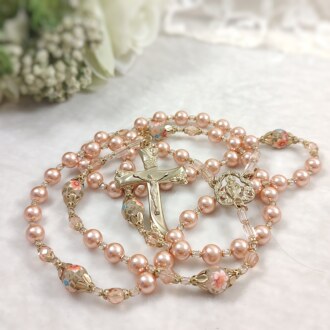 Peach Floral Rosary with Austrian Crystal Pearls, Polished Brass Religious Medals and Components