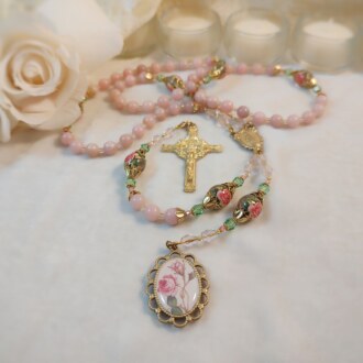 Thorned Rose Gemstone Cameo Rosary with Polished Brass Components