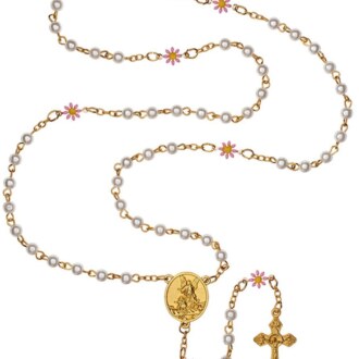 Faux Pearl with Daisies Guardian Angel & St Christopher Rosary, New Gftshp-94