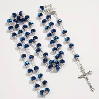 Deep Blue Crystal Rosary with Relic Holy Soil from Jerusalem, New #Gftshp-118